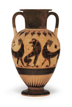 an old vase with two horses on it