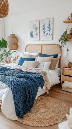 a bed with blue blankets and pillows in a bedroom next to a wicker basket