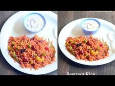 two white plates topped with food on top of a wooden table