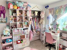 a room filled with lots of stuffed animals and other stuff on the shelves in front of a window