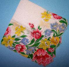 Vintage Ladies Hankie Handkerchief Bright Multi Color Tulips Crocus Daffodill Hand Tats, Grandmothers Love, Tiny Treasures, Sweet Memories, Crochet Edging