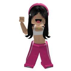 a cartoon girl with black hair wearing pink pants and a white tank top is holding her fist up