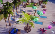 an animated beach scene with palm trees, chairs and umbrellas