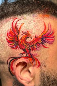 a man with a bird tattoo on his head and behind the ear is a red, orange and black bird