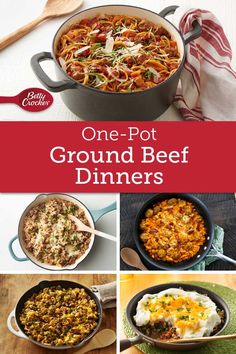 one pot ground beef dinner is shown in this collage