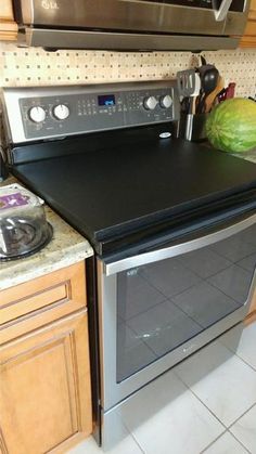 a black stove top oven sitting inside of a kitchen