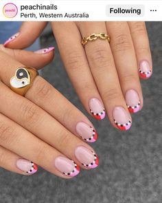 70s French Tip Nails, Fun French Tips Nails, Different French Tip Nail Designs, Coloured French Tips Short, Funky Tips Nails, Colourful Nail Tips, Minimalistic Valentines Nails, Diy Valentines Nails Easy, Cool French Tips