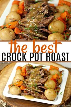 the best crock pot roast recipe with potatoes and carrots on a white plate