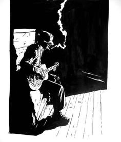 a black and white drawing of a man sitting on a porch playing an acoustic guitar