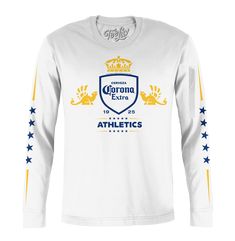 Corona Extra Athletics Stars Long Sleeve T-Shirt - White Crew T-shirt For Sports Events, Fan Gear Crew Neck With Team Logo Sublimation Design, Fan Gear Sublimation Crew Neck With Team Logo, Fan Gear Crew Neck With Team Logo, Team Spirit Graphic Print Crew T-shirt, Collegiate Crew T-shirt For Fan Gear, White Sublimation Fan Apparel With Team Logo, Sports Crew T-shirt With Screen Print, Collegiate Crew T-shirt For Sports Events