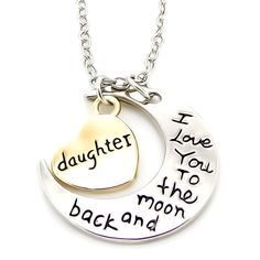 New Handmade With Love Beautiful "Daughter, I Love You To The Moon & Back" Engraved Necklace ~ Sterling Silver Plated Crescent Moon Charm Measures 1 Inch Long And Is Engraved With The Words " I Love You To The Moon And Back"On Both Sides ~ 1/2 Inch Heart Pendant Engraved "Daughter" On Both Sides ~The 18" Inch Chain ~ Nickel Free ** Mother's Day, Easter, Mom Gift, Daughter Birthday Gift, Family, Mom To Be, Baby Shower, Daughter Graduation, Daughter Jewelry, Handmade Jewelry, Handmade Gift Personalized Moon Shaped Necklace For Mother's Day, Moon Charm Necklace For Mother's Day Gift, Mother's Day Gift Moon Charm Necklace, Gemstone Chip Necklace, Daughter Graduation, Geometric Pendant Necklace, Peacock Pendant, Long Tassel Necklace, Daughter Jewelry