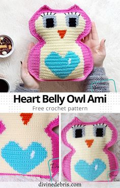 a crocheted owl purse is shown in three different pictures, including the front and back