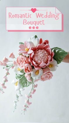 a close up of a flower bouquet on a table with the words romantic wedding bouquet above it