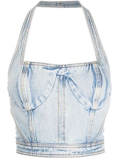 light blue cotton denim panelled design contrast stitching halterneck rear buckle fastening bustier-style neckline open back sleeveless Denim Bralette, Denim Tank Top, Denim Tank, Denim Crop Top, Latest Fashion Design, Heron Preston, Bustiers, Cami Tanks, Preston