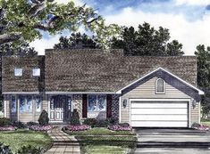 this is an artist's rendering of the front elevation of these ranch house plans