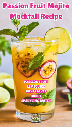 passion fruit mojito cocktail recipe with lime juice and mint leaves on the side