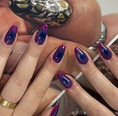 Short Square Jelly Nails, Cool Purple Nails, Nail August, Nails 2 Colors, Cute Nails Purple, Dark Aura Nails, Whimsigoth Nails, Purple Blue Nails, Jewel Tone Nails