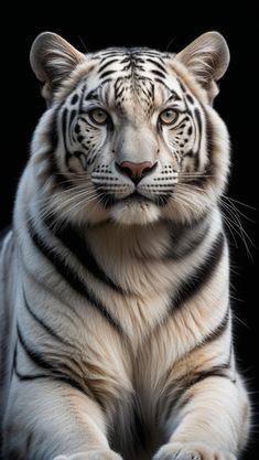 a white tiger is sitting down and looking at the camera