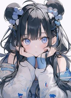 Black Hair Blue Eyes Anime Female, Anime Hair Bun, Buns Long Hair, Black Hair Blue Eyes Girl, Black Hair And Blue Eyes, Dark Blue Eyes, Blue Black Hair, Light Blue Eyes, Dark Blue Hair