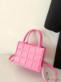 BirdinBag - Trendy Womens Mini Quilted Square Bag - Double Handle Purse Pink Square Box Bag For Shopping, Pink Square Shoulder Bag, Pink Square Box Bag, Pink Square Shoulder Bag With Detachable Handle, Pink Square Box Bag With Handles, Pink Square Shoulder Bag For Errands, Pink Square Bag With Handles, Mini Quilt, Bag Bag