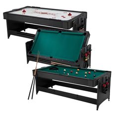 two pool tables with cues and cues on each side, one in the shape of a billiard's table