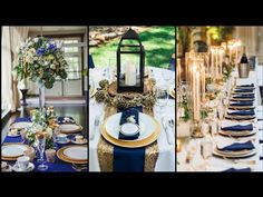 the table is set with blue and gold plates, silverware, and candlesticks