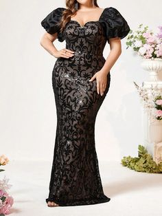 Plus Size Women's Black Lace See-Through Luxury Positioning Sequin Fabric Elegant Fishtail Heavy Industry Puff Sleeve Evening Dress (Heavy Version) Apricot   Short Sleeve Woven Fabric Floral Bodycon Non-Stretch  Weddings & Events, size features are:Bust: ,Length: ,Sleeve Length: Plus Size Evening Dress, Black Hair Salons, Heavy Industry, Evening Dresses With Sleeves, Floral Bodycon, Evening Dresses Plus Size, Fabric Floral, Sequin Fabric, African Fashion Dresses