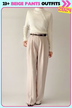 Cozy beige wide-leg pants styled with a fitted knit top. This outfit is both comfortable and chic, with the wide-leg silhouette and knit top offering the perfect balance for cooler days. Beige Wide Leg Pants, Knitted Top Outfit, Fashion Pants, Leg Pants