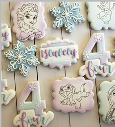 decorated cookies are arranged in the shape of numbers and characters for birthdays or any special occasion