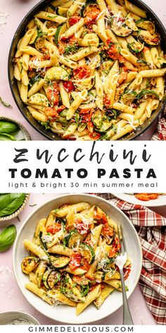 a pan filled with pasta and vegetables on top of a pink tablecloth next to a plate