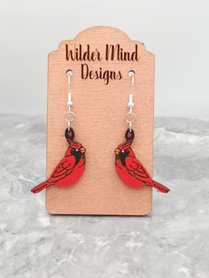 Cardinal Earrings, Hand Painted Earrings Wood, Shrinks Dink, Laser Engraved Earrings, Earrings Bird, Funny Earrings, Laser Projects, Engraved Earrings, Wood Earring