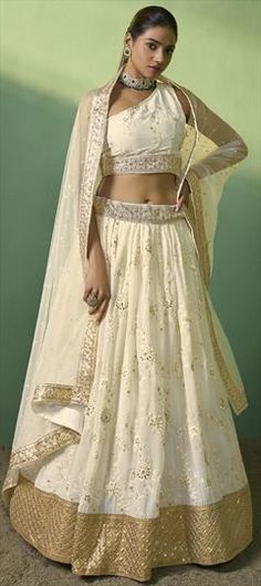 Beige and Brown color Lehenga in Georgette fabric with Embroidered, Sequence, Thread work Beige Georgette Lehenga With Zari Work, Bollywood Beige Lehenga With Intricate Embroidery, Unstitched Cream Georgette Lehenga, Beige Georgette Lehenga, Beige Floor-length Lehenga With Intricate Embroidery, Reception Wedding, Wedding Lehenga, Georgette Fabric, Thread Work