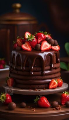 a chocolate cake with strawberries on top