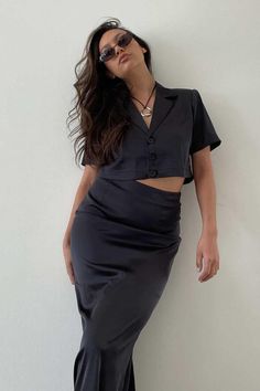 "| Satin Collared Crop Top and Maxi Skirt Sets    | Self: 90% Polyester, 10% Spandex   | Lining: 100% Polyester   * MODEL IS 5'7\" AND IS WEARING A SMALL" Crop Top And Maxi Skirt, Collared Crop Top, Cropped Tops, Skirt Sets, Style Maxi Dress, Glamorous Evening Gowns, Flowing Maxi Dress, Dress Clothes For Women, Fashion Sense