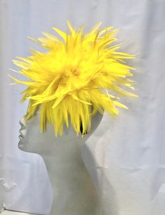 Yellow Fascinator- Wedding- Cocktail Hat -Feather Headdress- Derby Hello, This feather fascinator is about 8 inches round.  It is attached to a skinny adjustable headband that is wrapped in satin and is very comfortable.  Available in many colors. I am based in the NYC metropolitan area where I started with a shop in Soho.  I make quality accessories using the best fabrics, trims and I love to incorporate vintage items in my creations.  -------------------------------------------------- To retur Feather Hair Accessories For Summer Evenings, Feather Hair Accessories For Summer Evening, Summer Evening Hair Accessories With Feathers, Fitted Headband Fascinator For Carnival, Adjustable Feather Trim Headpieces For Summer, Adjustable Summer Headpiece With Feather Trim, Summer Party Hair Accessories With Feather Trim, Summer Race Day Feather Hair Accessories, Summer Feather Headband Fascinator