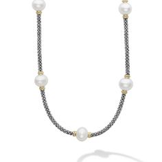 Five freshwater cultured pearl stations with Caviar beading in 18K gold and sterling silver on this necklace. Finished with a signature lobster clasp detailing the LAGOS crest in 18K gold. Elegant Gold Pearl Necklace With Silver Beads, Lagos Necklace, Lagos Jewelry, Pearl Love, Engraved Items, Precious Gemstones, Necklace Sizes, Lobster Clasp, Freshwater Pearls