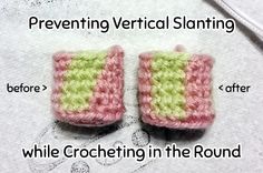 two crocheted pink and green squares with text describing how to use the same stitch