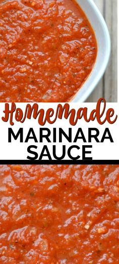 homemade marinara sauce in a white bowl with text overlay that reads homemade marinara sauce