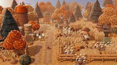 an animated image of a farm with animals and trees