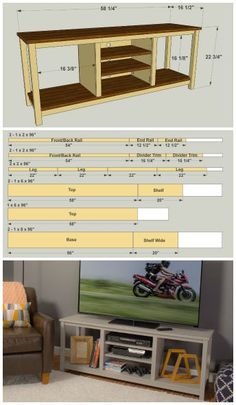 the plans for an entertainment center are shown in two different views, one with shelves on each side