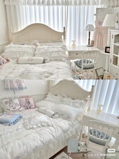 two pictures of a white bed in a bedroom