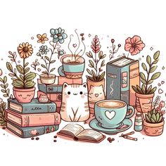 a cat sitting next to some books and plants