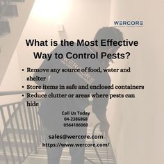 a man standing on top of a stair case next to a handrail with the words, what is the most effective way to control pests?