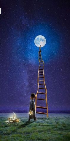 a man standing on top of a ladder in the middle of a field at night