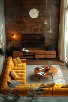 a living room filled with furniture and a large clock mounted to the wall above it