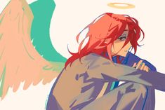 an anime character with red hair and angel wings