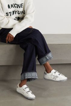 GOLDEN GOOSE DELUXE BRAND Old School shearling-lined distressed glittered leather sneakers | NET-A-PORTER Golden Goose Style, Old School Outfits, Golden Goose Sneakers Outfit, Golden Goose Outfit, Winter Ootd, Goose Shoes, Uni Outfits, Golden Goose Shoes, Golden Goose Deluxe Brand