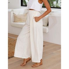 White Ruffled High Waist Wide Leg Pants with Pocket Chic Harem Pants With Pockets For Vacation, Chic White Harem Pants For Spring, Chic Ankle-length Pants With Pockets, Beige Ankle-length Bottoms With Pockets, Beige Ankle-length Pants With Pockets, Chic Ankle-length Bottoms For Vacation, Linen Bottoms, High Waist Wide Leg Pants, Clothing Details