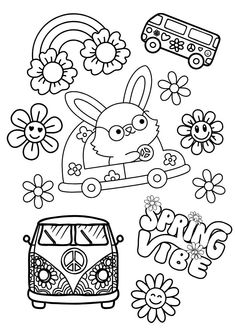 a coloring page with the words spring and an image of a bunny driving a bus