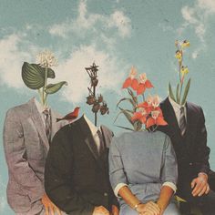 three people are sitting on a bench with flowers in their hair and one is wearing a suit